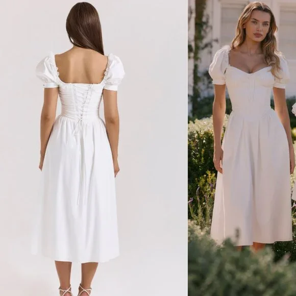 House of CB 'Lulabell' White Stretch Cotton Puff Sleeve Midi Dress NWOT - Picture 2 of 7